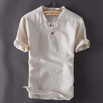 2018 Lete Nové Voľné Bavlnená posteľná Bielizeň T-shirt Mužov Krátky Rukáv Bežné Vintage Camiseta De Los Hombres