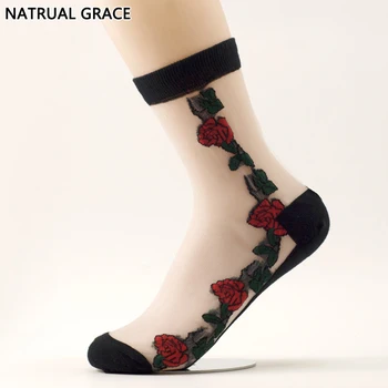 10Pairs Transparentnej Čipky Crystal Hodváb Proti šmyku a Sexy Jar Leto Black Emboridery Red Rose Značky Kvality Ženy Ponožky