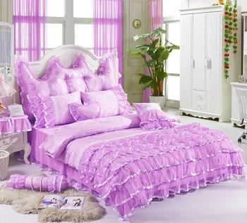 Béžová farba Ružová, Fialová Bavlna Čipky Princezná kórejský posteľná bielizeň nastaviť Twin Kráľovná King size Posteľ sukne Perinu nastaviť Mäkké Obliečky Vankúš