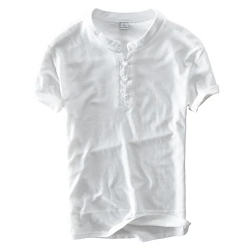 Letné bavlnené tričko mužov krátky rukáv biele tričko mužov okolo krku Čínsky tlačidlá slim t košele mužov značky tričko pánske camisa