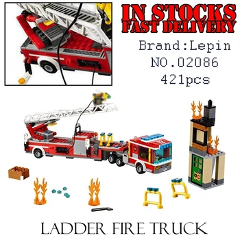LEPIN Mesto 02086 421pcs Rebrík požiaru truck Stavebné kamene, Tehly osvietil hračky pre deti Narodeninám brinquedos 60112
