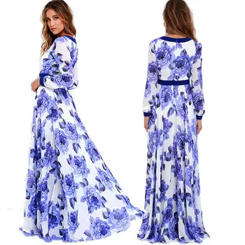 Plus Veľkosť Ženy Modrá Kvetinový V Krku Dlhé Šaty Boho Sexy Letné Kvetinové Šaty Maxi Dlhý Strany Šifón Šaty Podlahy-Dĺžka