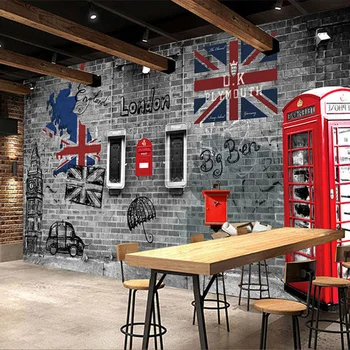 3D nástennú maľbu v Európskom Štýle Retro Razené Tehly Tapety Červený Autobus Fresco Kaviareň Reštaurácia Dekor Osobnosť Murales De Porovnanie 3D