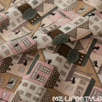 Vytlačené dom, bavlnené a ľanové zmesi textílie podľa meter DIY šitie, čalúnenie opony obrus gauč bavlnená tkanina 100*145 cm