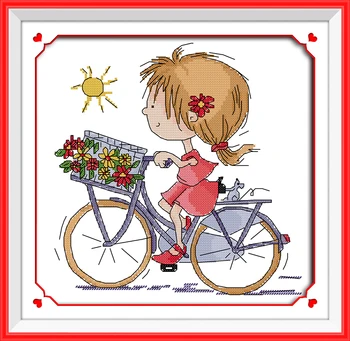 Slnečný deň cartoon dievča na bicykli maľovanie počíta tlačené na plátno vyšívanie, výšivky Sady DMC 11CT 14CT Cross Stitch auta Čínskej