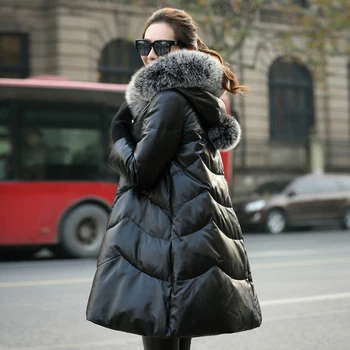 ženské 2018 skutočné ovčej kože dole cape kabát a-línia s fox kožušinovou kapucňou dámy veľké plus veľkosť vrchné oblečenie čierna xxxl 3xl