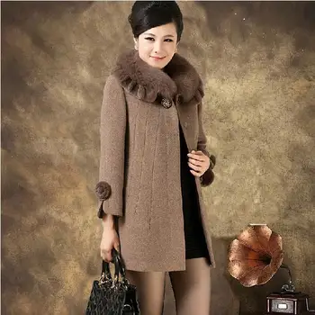 Zimné dámske vlny kabát v strednom veku ženy kožušiny golier cashmere stredne dlhé vlnené vrchné oblečenie plus veľkosť 5XL