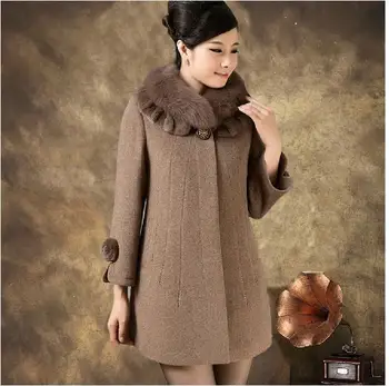 Zimné dámske vlny kabát v strednom veku ženy kožušiny golier cashmere stredne dlhé vlnené vrchné oblečenie plus veľkosť 5XL