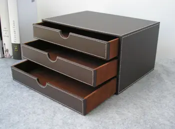 Horizontálne 3-vrstva 3-zásuvky dreva obnovu kože stôl podanie skrine úložný box office organizátor dokument kontajner brown217B