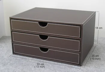 Horizontálne 3-vrstva 3-zásuvky dreva obnovu kože stôl podanie skrine úložný box office organizátor dokument kontajner brown217B