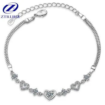 Populárne Jednoduché Temperament kvalitné Módne 925 Sterling Silver Šperky Srdce Láska Crystal Dvojvrstvové Náramky SB90