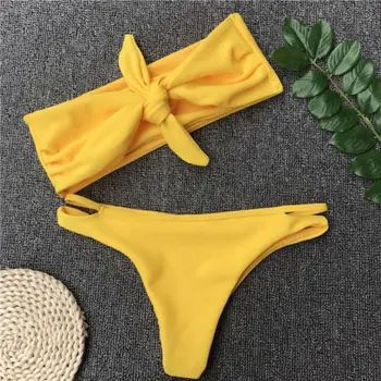 Sexy Ženy, Bikiny, Monokiny Obväz Push Up Plavky Bez Ramienok Obväz Candy Žlté Plavky Na Kúpanie Plážové Oblečenie