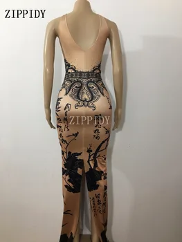 Sexy Kvetinový Vzor, Kamienkami Čínskeho Bambusu Vytlačené Slim Šaty Žien Narodeniny Nočný Klub Dlhé Šaty Fáze Tanečnej Show Oblečenie