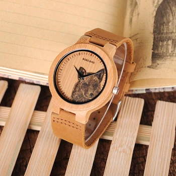 Unisex BOBO VTÁK Hodinky Prírodné Rytie Tvár Bambusové Drevené Prípade Originálnym Koženým Remienkom Náramkové hodinky relogio masculino B-P20