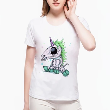 Top Lete Zbrusu Nový Harajuku T Shirt Dúha unicorn Lebky 3D Tlač Sexy Tees O-krku Biele tričko Cool Žien T-Shirt L6A18