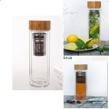 450ml luxusné crystal dvojité steny sklenenej fľaše, Sklenené fľaše so Čaj Infuser s bambusom veko