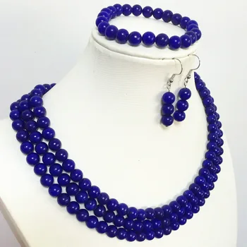 Klasická modrá lapis lazuli 8 mm okrúhle korálky charms roztomilý 3 riadky náhrdelník náramok náušnice najlepší darček šperky set 17-19 palcový B1516