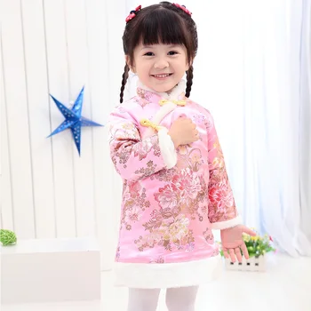 Kvetinový Festival Baby Dievčatá Šaty Zimné Prešívaný Teplejšie Dievča Nadol Bunda Chi-pao Šaty Deti Cheongsam Qipao Outwear Blúzky