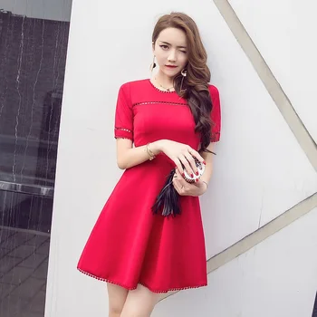 Letné Šaty Temperament Black Red Kórejskej Ženy Šaty Štíhly Vysoký Pás A-Line Šaty Žena Duté Z Módy Laides Šaty
