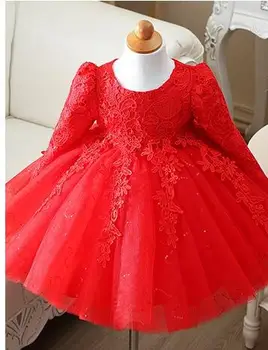 Kvalitný Červená/Biela, baby, dievčatá, dlhý rukáv, 1 rok starý narodeniny šaty sequin krst, krstiny svadobné šaty pre dieťa