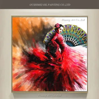 Veľkoobchod Ručne Maľované Vysokej Kvality Flamenco Tanečnica Španielska Tanečnica Olejomaľba Páva Fanúšikov, Plátno, Olej Maľovanie Na Stenu Decor