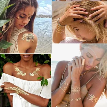 2017 hot predaj DIY chladné kovové zlaté tetovanie nálepky lesk Inšpiroval Zlato, Striebro Svieti flash Dočasné Tetovanie make-up 41