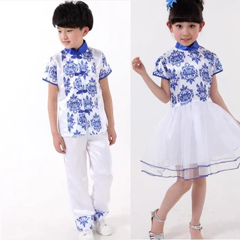 Čínska Ľudová Tradičnom Štýle deti tanečné nosiť kostýmy Dievčatá spoločenský tanec šaty Chlapci Strany tanečné oblečenie Fáze nosiť Oblečenie