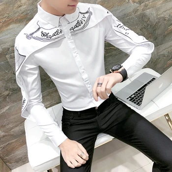 Hot Predaj Tričko Mužov kórejský Slim Fit Módne Patchwork Mens Dlho Rukáv Smoking Košele Značky Bežné Plus Veľkosť Práce Tričko Muž 3XL-M