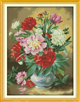 Nádherný Pivónia vázu s kvetom, 11CT Počíta tlačené na plátno DMC 14CT Cross Stitch súpravy,výšivky, výšivky Sady,dom stenu Decor