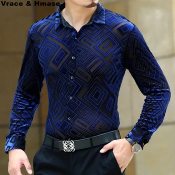 Diamond vzor velvet duté high-end boutique tričko s dlhým rukávom 2018 Jeseň&Zimné priadky hodvábne mäkké kvalitné tričko mužov S-4XL