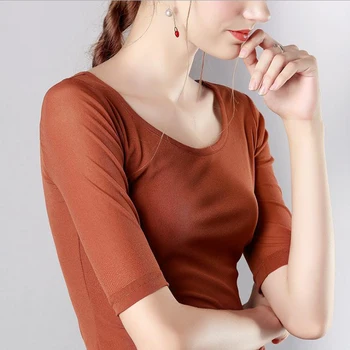 Veľký o-krku polovicu rukáv gázy basic tričko žena 2017 slim farbou polovičný rukáv t-shirt plus veľkosť top tenký SG26083
