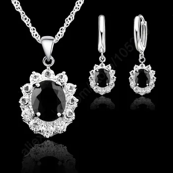 Vogue Princezná Svadobné Zapojenie Náhrdelníky Náušnice Šperky Sady 925 Sterling Silver Oválne Black Crystal Dobrej Kvality