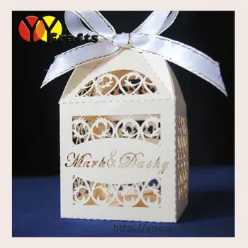Top predať číne svadobné prospech box laserom rezané čipky filigránske svadobné koláčiky box papierová darčeková krabička na svadbu s voľným názov logo