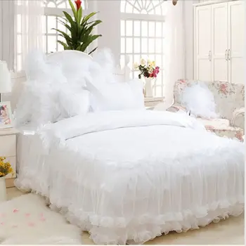 Luxusné Snow White Čipky prehoz cez posteľ Princezná posteľná bielizeň nastaviť kráľovná kráľ 4pc Žakárové perinu posteľná bielizeň obliečky posteľ sukne bavlna