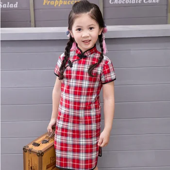 Nový príchod 2018 dievčatá Čínsky štýl cheongsam deti, dievčatá v lete krátky rukáv Kockované šaty / Qipao oblečenie 2-12 rokov