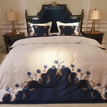 Modrá Biele, Luxusné z Egyptskej Bavlny Výšivky Čínsky posteľná bielizeň nastaviť Kráľovná King size Hodvábne Mäkké Obliečky kryt Bedsheet nastaviť obliečka na Vankúš