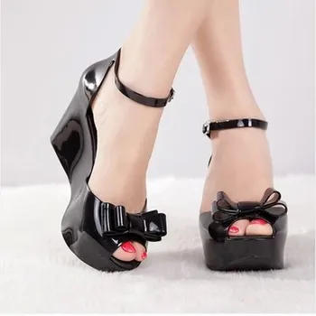 MIUBU Kliny žena sandále farba jelly topánky luk platformu otvorené prst vysoké podpätky