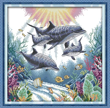 Dolphin morských rýb zvierat domova maľovanie počíta vytlačené na textílie DMC 14CT 11CT Cross Stitch Vyšívanie, súpravy na Vyšívanie Sady