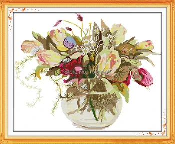 Tulipán váza Kvet,počítané tlač na plátno DMC 11CT 14CT Cross Stitch súpravy,vyšívanie, výšivky Nastaviť,farebné kvety košík