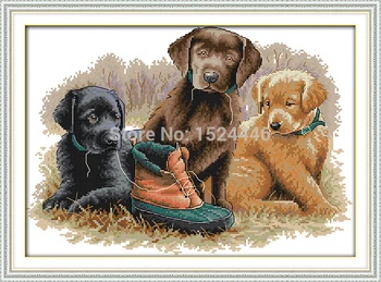 Tri krásne psy A obuvi,Vzor Tlačené na plátno DMC 11CT 14CT Cross Stitch súpravy,Vyšívanie, Nastaviť Výšivky,Zvierat Domova