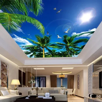 Vlastné 3D Fotografie Tapety Modrú Oblohu A Biele Oblaky Kokosové Palmy Seagull, Spálne, Obývacia Izba Stropné Nástenné Tapety Maľby