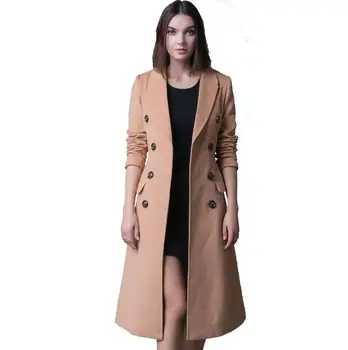 Dlho cashmere kabát ženy kabát 2018 slim dvojité breasted vlnené kabáty dámske vrchné oblečenie móda khaki čierna plus veľkosť S - 4XL