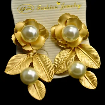 2018 Módne Duté Kvety, Listy náušnice ženy Barokový gold Leaf drop Náušnice Zlatá farba Pearl Vintage Classic Šperky