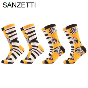 SANZETTI 4 pair/veľa Mužov je Smiešne, Česanej Bavlny Ponožky Novinka Zebra Vzor Bežné Posádky Ponožky Šaty Ponožky pre Vianočný Darček