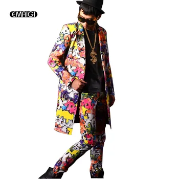 Vlastné Obleky Mužov Hip Hop Vyhovuje Dlhé Sako Bunda Šaty Mužov Graffiti Vyhovovali Nastaviť Mužov Fáze Oblečenie Nočný Klub Kostým, Oblek Nastaviť