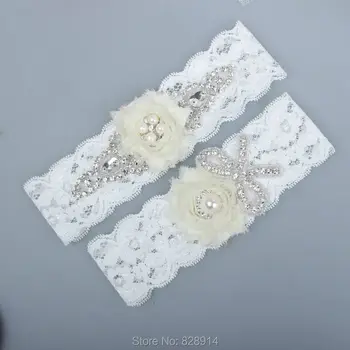 Originálne Módne Luxusné Crystal Kamienkami Biele Čipky Svadobný Podväzok Sady pre Nevestu Ručné So Slonovinou Ošumelé Chifon Kvet