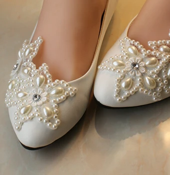 2018 žena, biela slonovinová plus veľkosť 34-41 ploché svadobné topánky pearl anklet nevesty obuv nízka vysoká päty žien svadobné topánky veľký výpredaj