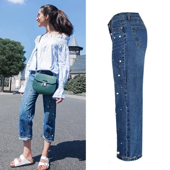 2017 bavlna vintage vysoký pás džínsy žena lištovanie pearl voľné mama širokú nohu jeans denim priateľ džínsy pre ženy, plus veľkosť