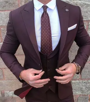 Nový Štýl Burgundsko Ženícha Nosenie Tuxedos 3 Kusy Svadobné Obleky Groomsmen Najlepší Muž (Bunda+Nohavice+vesta) Formálne Obleku pre Mužov