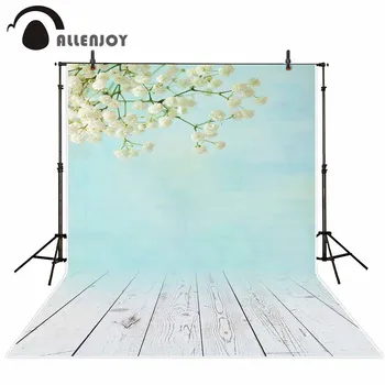 Allenjoy Pastelovo modrá farba biele kvety a drevené podlahy Jar pozadie Svadba v Pozadí alebo Detí photocall dekorácie